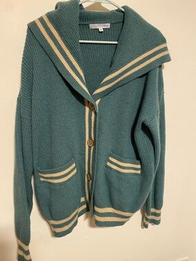Baltic Born Teal Cardigan with Cream Stripe Trim